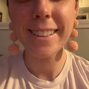 Kenneth Jay Lane Pink Peach seed bead wrap ball post earrings with dome top.